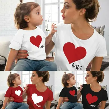  PUDCOCO 1PC Šeimos Atitikimo Komplektus Motina ir Dukra trumpomis Rankovėmis T-shirt Širdies Spausdinti Drabužiai