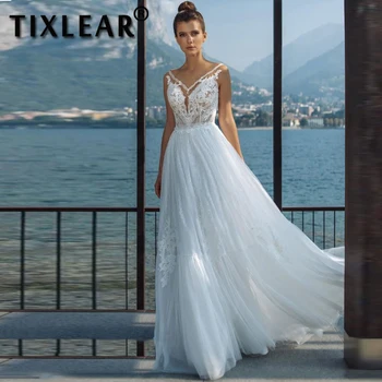  TIXLEAR Vestidos De Novia V-kaklo, Tiulio, Nėrinių Aplikacijos Lankas Vestuvių Suknelė 2023 Padengtas Mygtuką Mermaid Princesė Vestuvių Suknelė