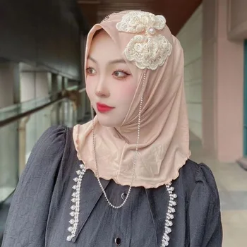  Nėriniai Bowknot Moterų Musulmonių Galvos Dangtelis, Hijab Momentinių Kepurės